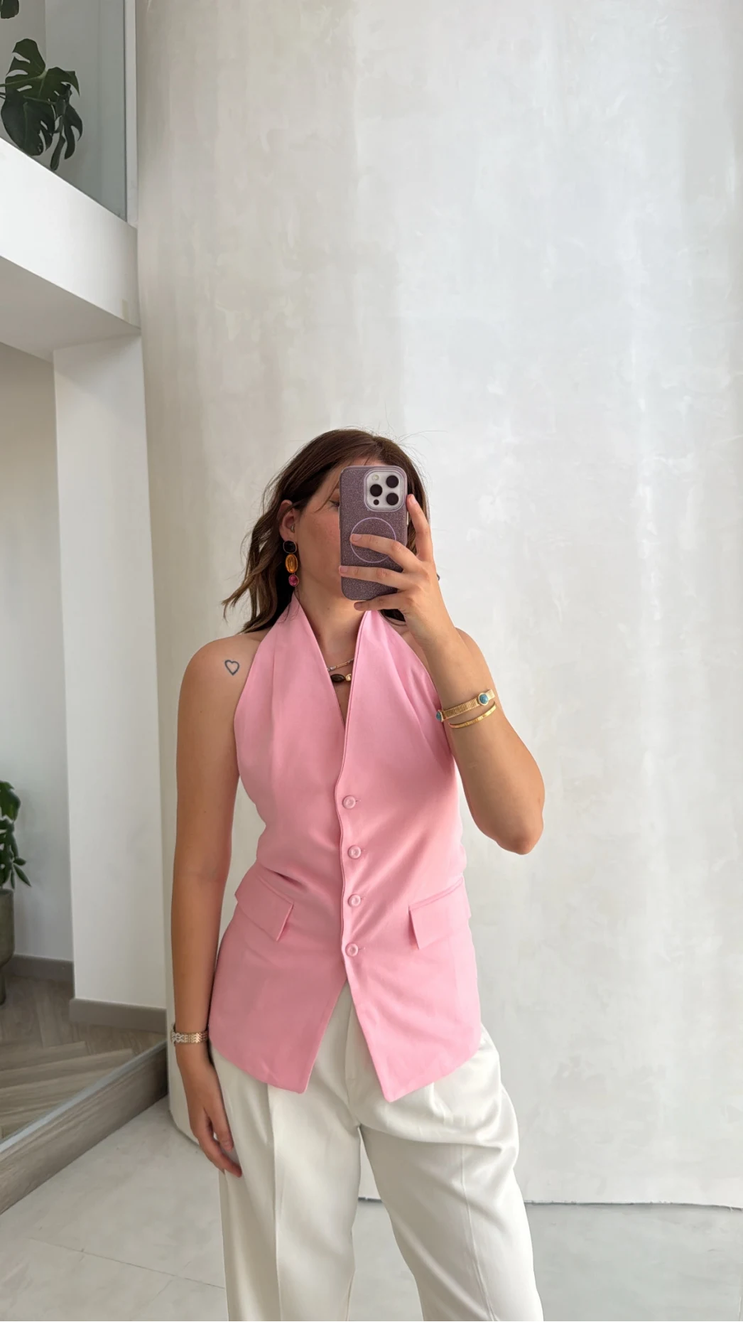 Boyundan Geçmeli Düğmeli Yelek - Pembe - Kod: 580407