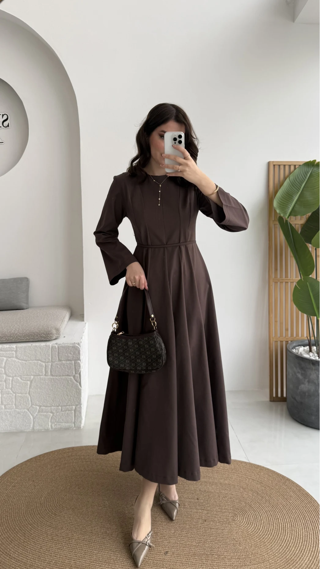 Brandy Kuşaklı Pens Detay Elbise - Kahverengi - Kod: 265011