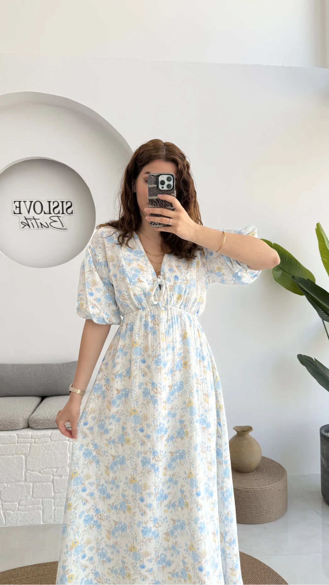 Bratislava Serisi Çiçekli Elbise - Mavi - 3057