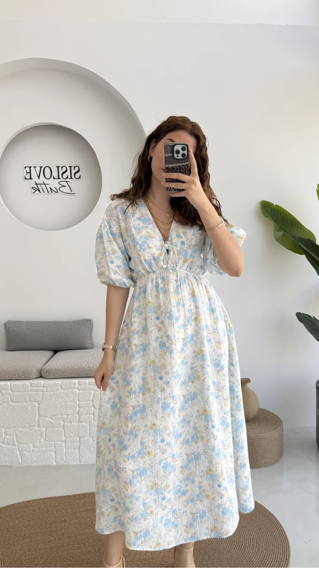 Bratislava Serisi Çiçekli Elbise - Mavi - 3057