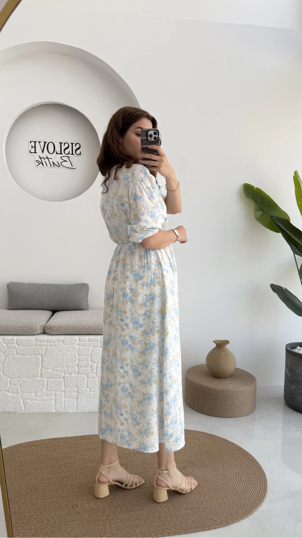 Bratislava Serisi Çiçekli Elbise - Mavi - 3057