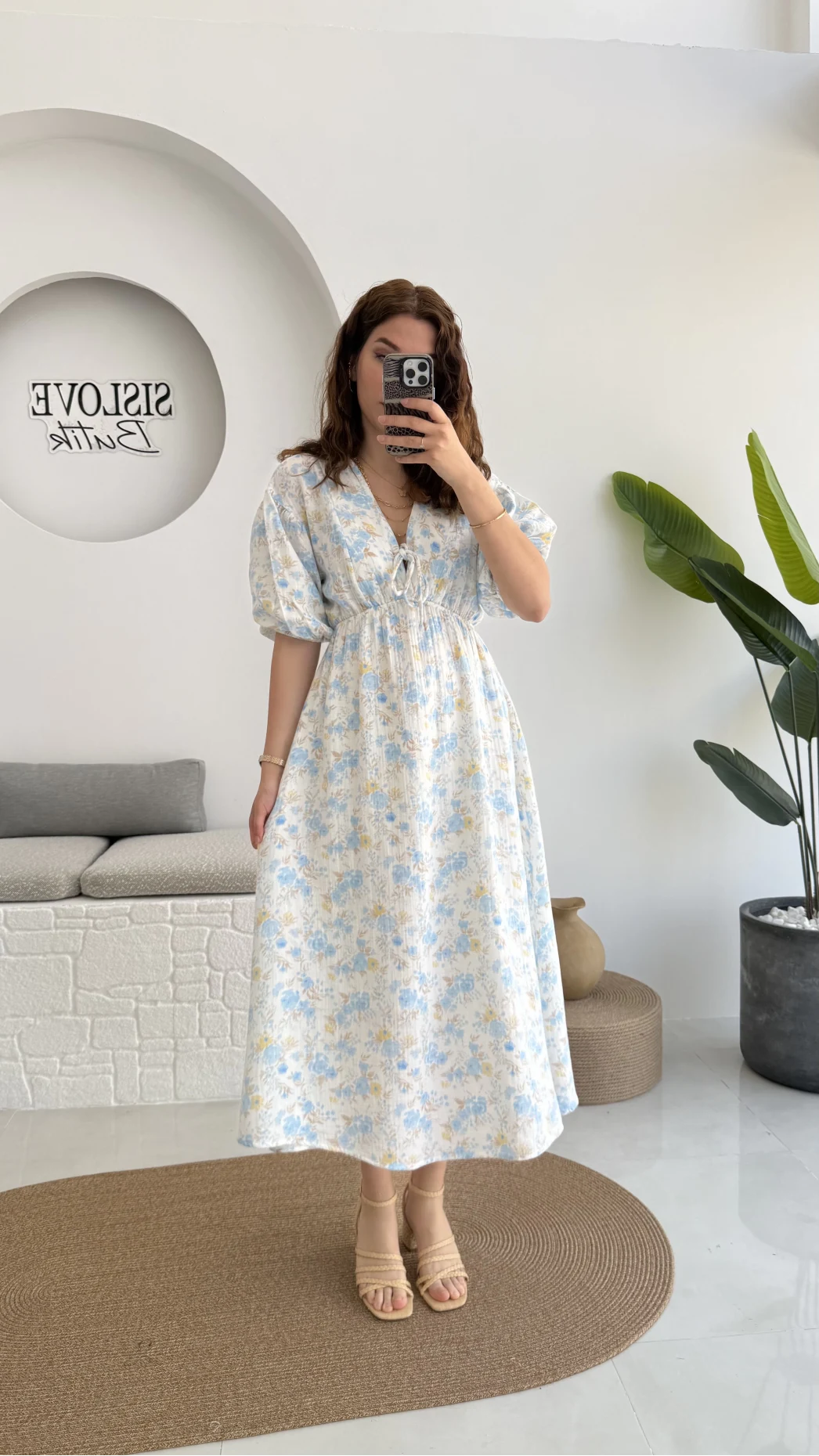 Bratislava Serisi Çiçekli Elbise - Mavi - 3057