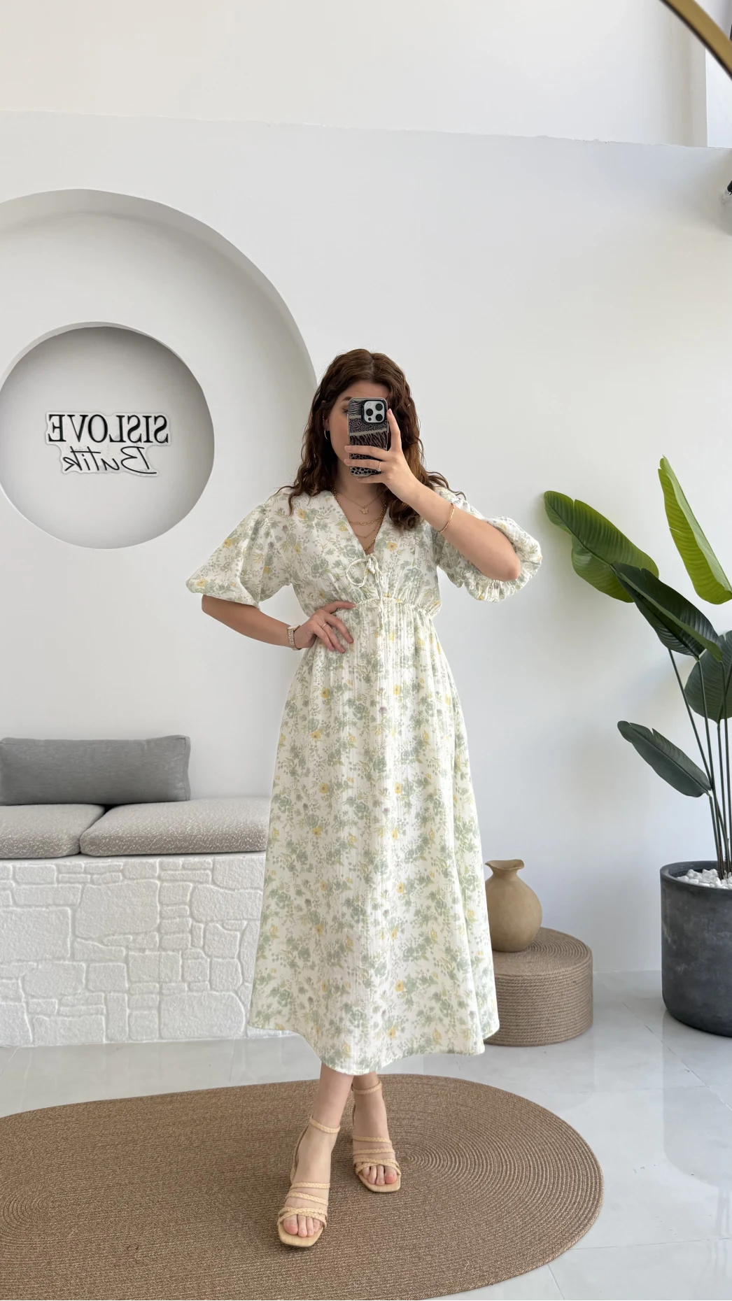 Bratislava Serisi Çiçekli Elbise - Yeşil - 3057