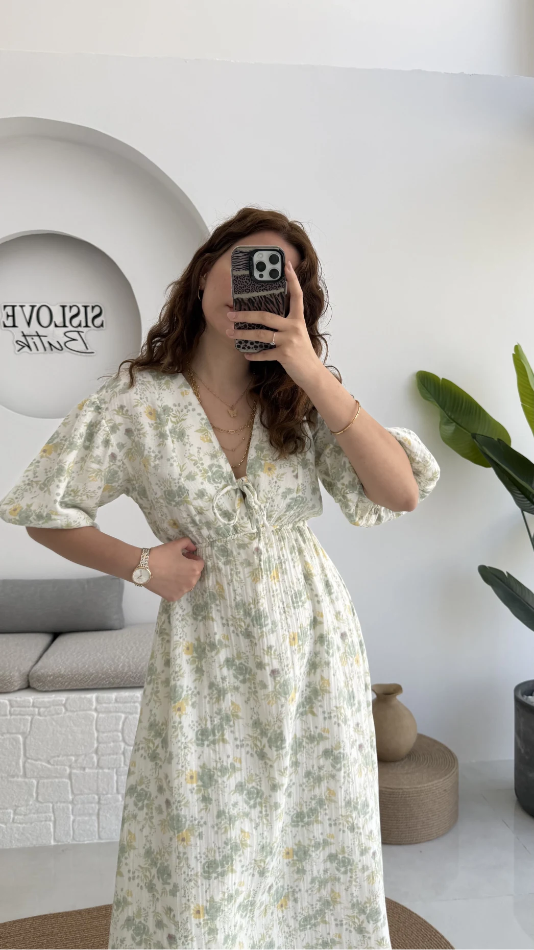 Bratislava Serisi Çiçekli Elbise - Yeşil - 3057