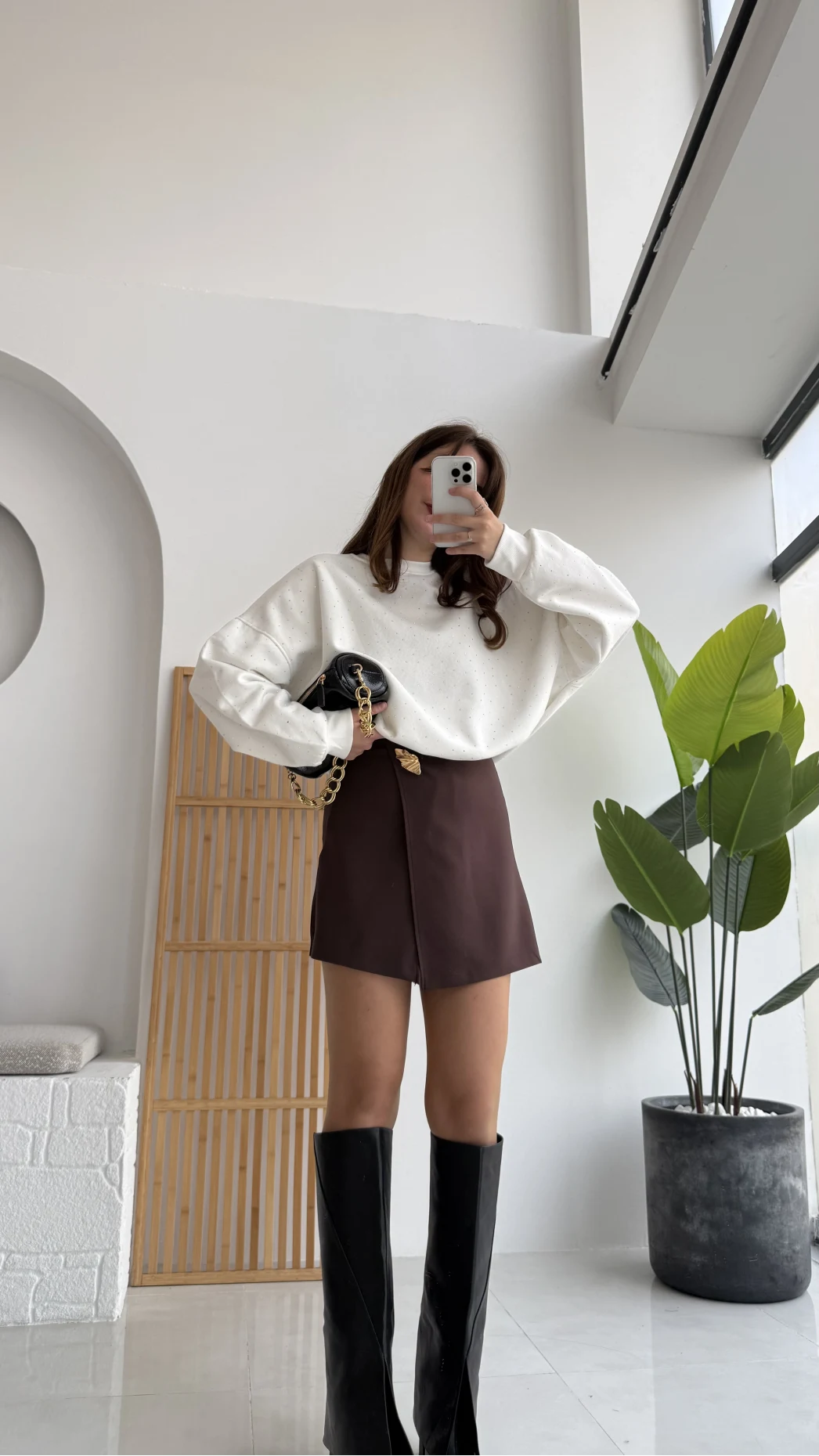 Broşlu Şort Etek - Acı Kahve