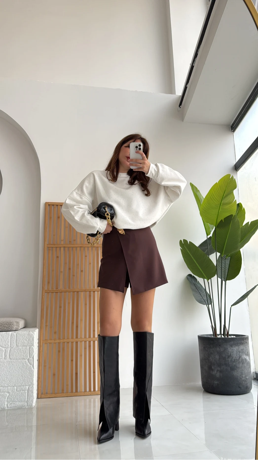 Broşlu Şort Etek - Acı Kahve