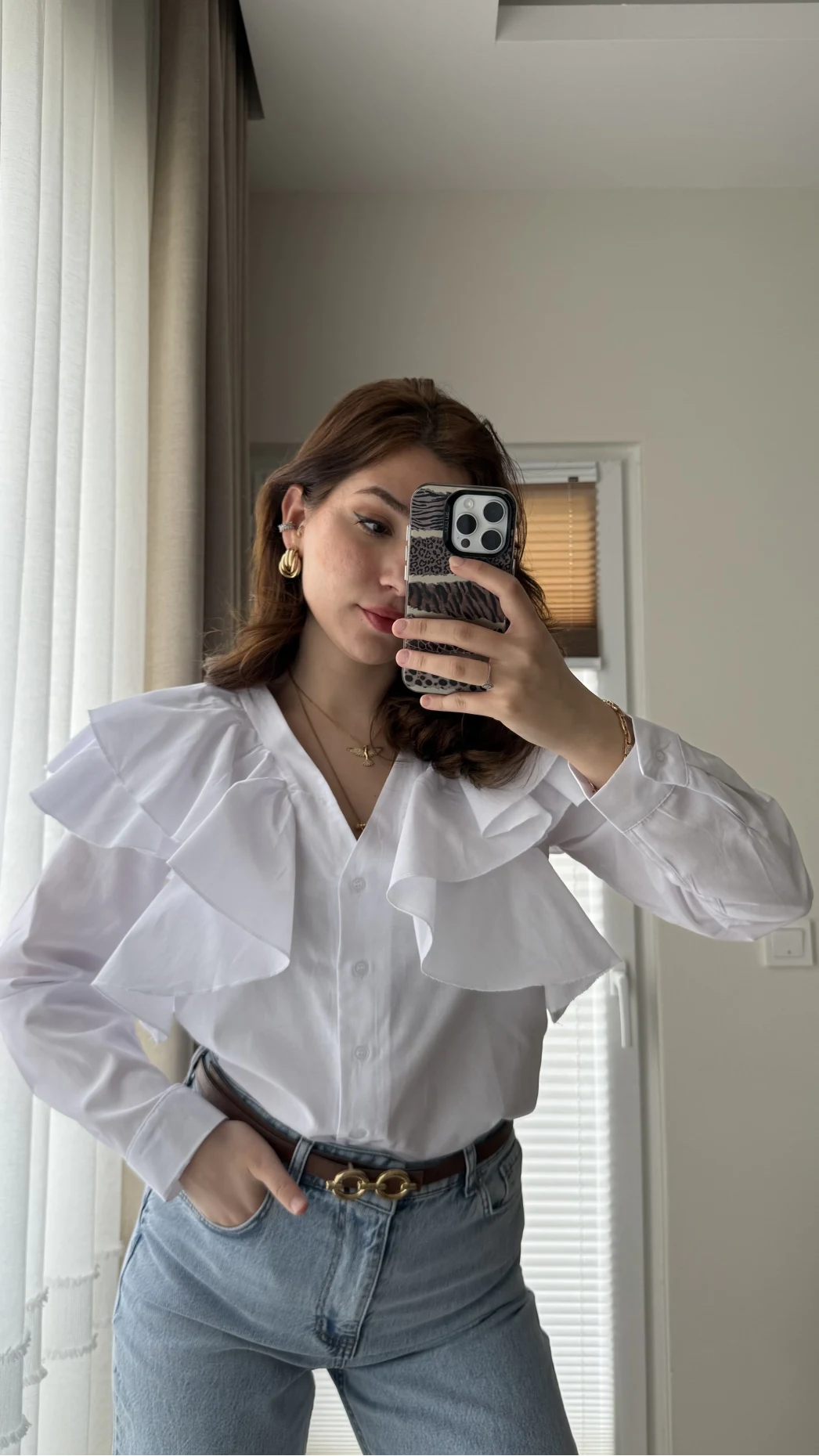 Bukle Fırfırlı Gömlek Beyaz