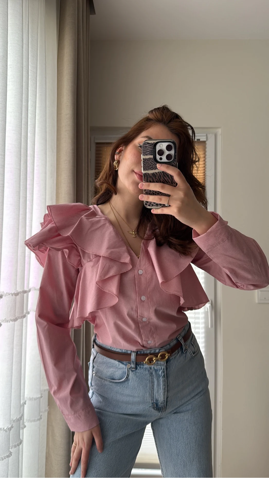 Bukle Fırfırlı Gömlek Pembe Düz