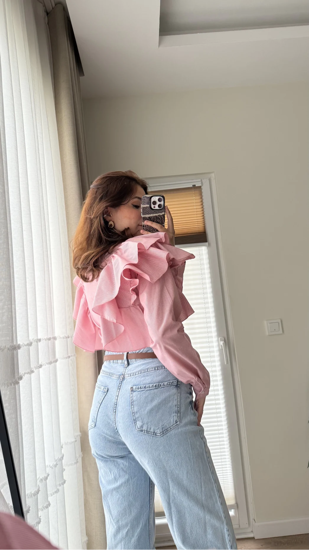 Bukle Fırfırlı Gömlek Pembe Düz