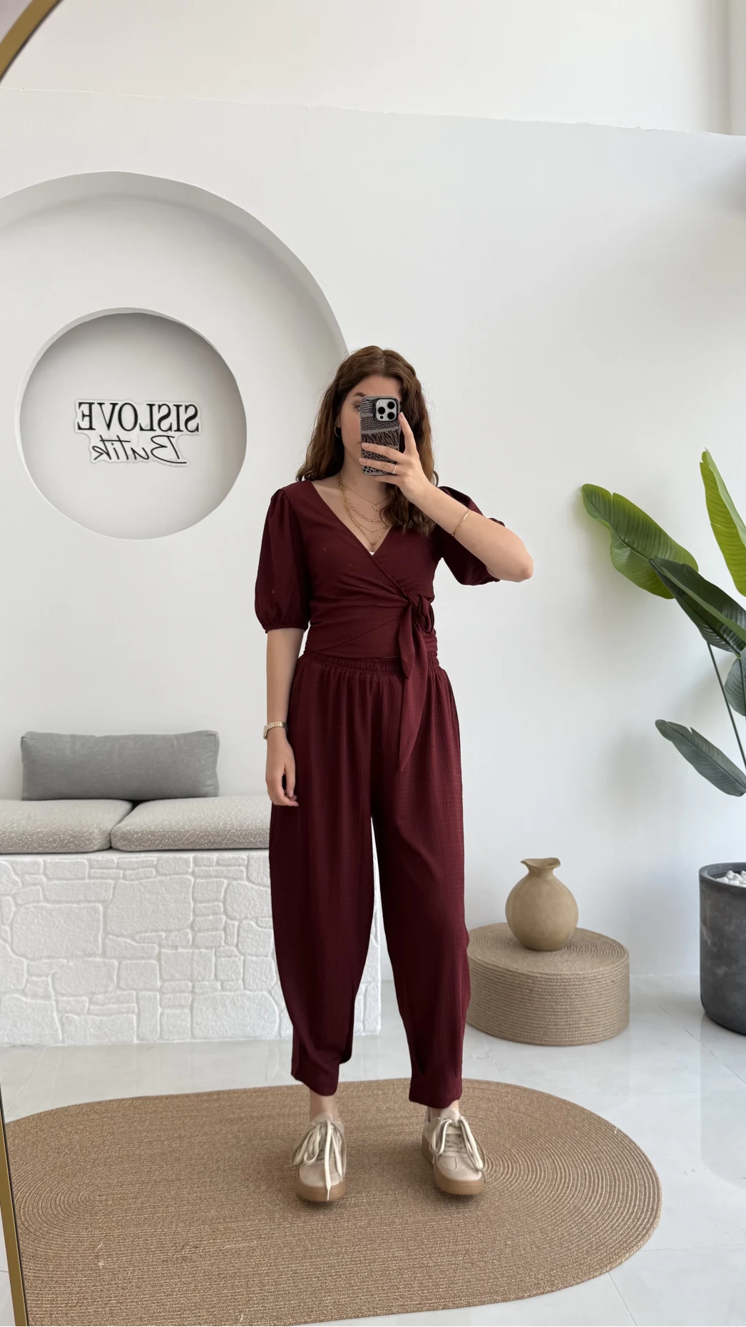 Bürümcük Kumaş Bağlamalı Üst Şalvar Takım - Bordo - 1018 - 4022
