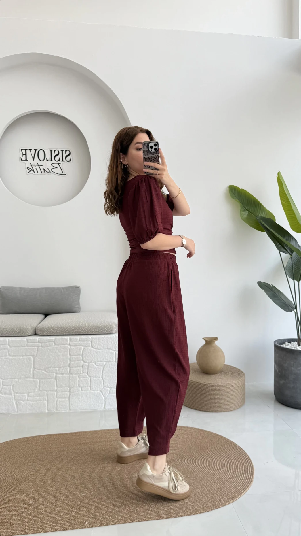 Bürümcük Kumaş Bağlamalı Üst Şalvar Takım - Bordo - 1018 - 4022