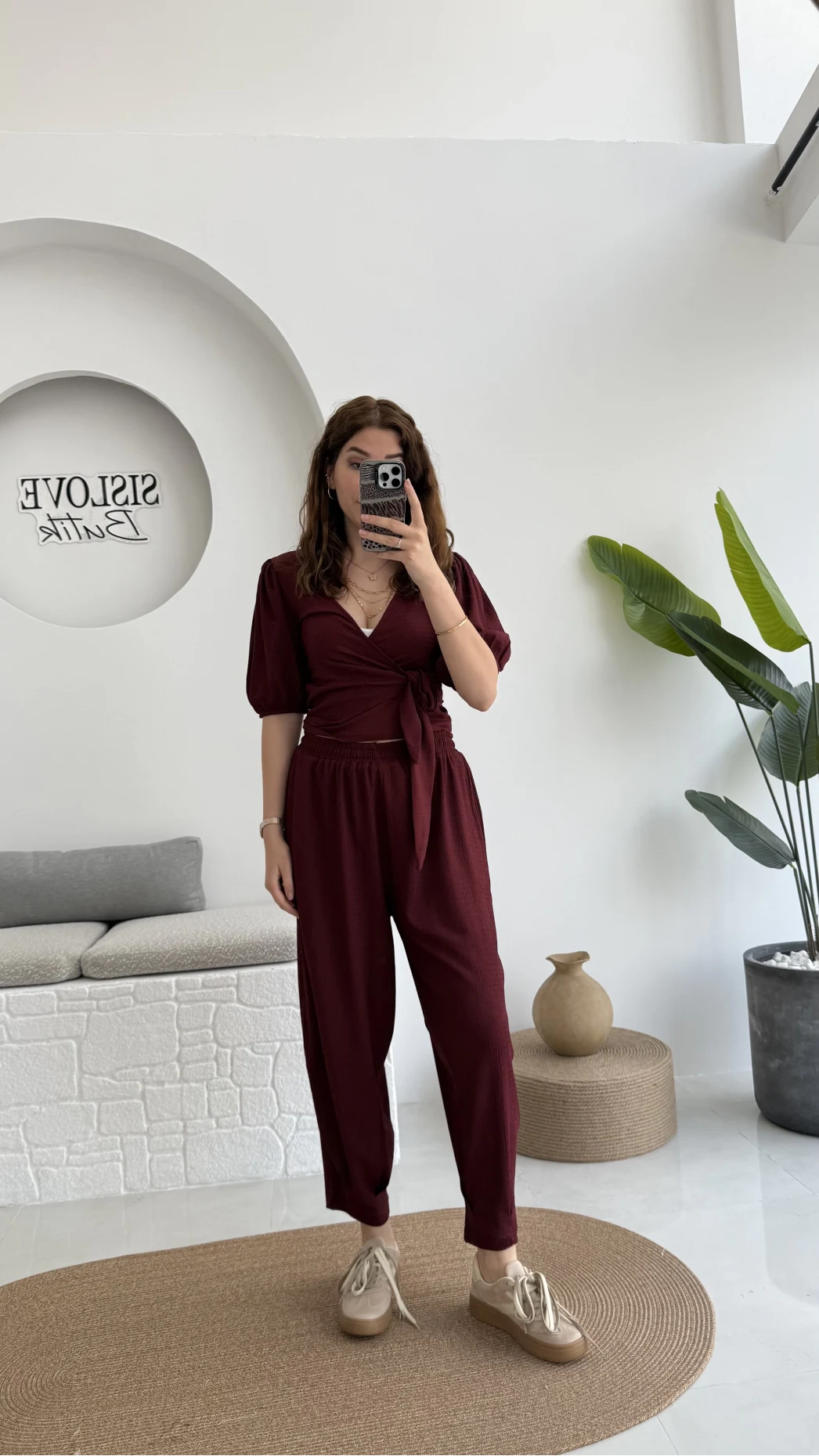 Bürümcük Kumaş Bağlamalı Üst Şalvar Takım - Bordo - 1018 - 4022