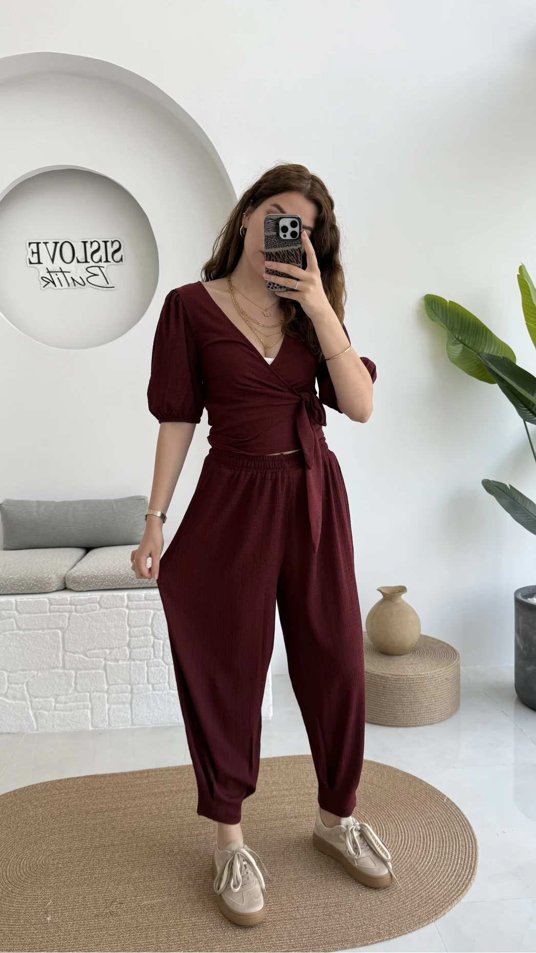 Bürümcük Kumaş Bağlamalı Üst Şalvar Takım - Bordo - 1018 - 4022
