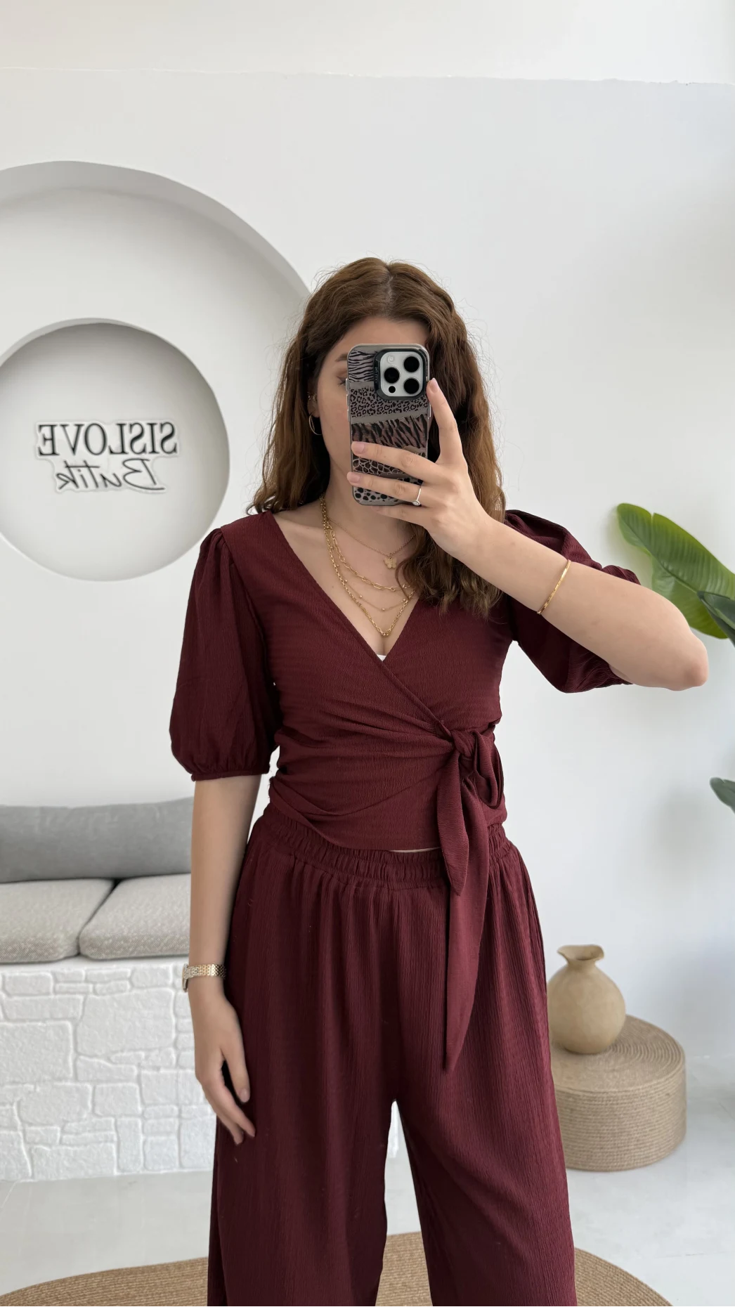 Bürümcük Kumaş Bağlamalı Üst Şalvar Takım - Bordo - 1018 - 4022