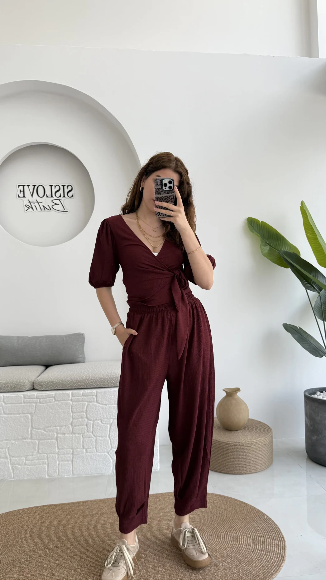 Bürümcük Kumaş Bağlamalı Üst Şalvar Takım - Bordo - 1018 - 4022