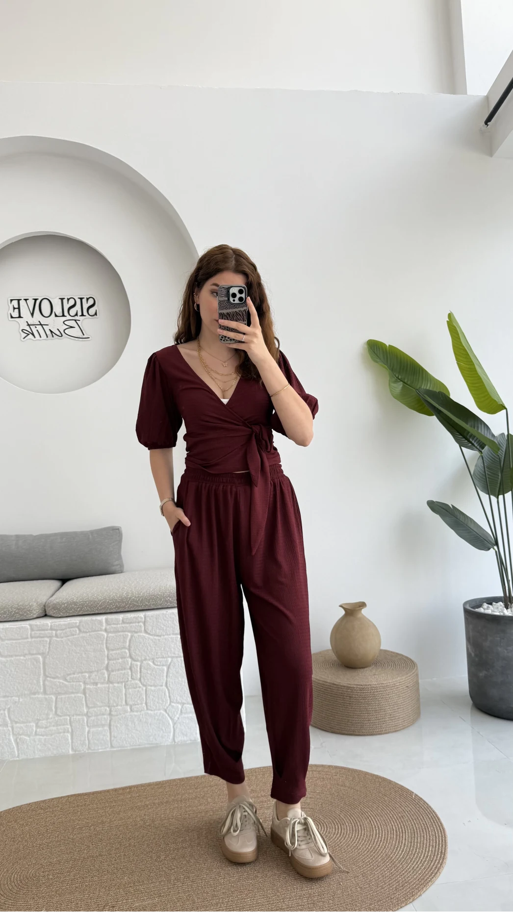 Bürümcük Kumaş Bağlamalı Üst Şalvar Takım - Bordo - 1018 - 4022