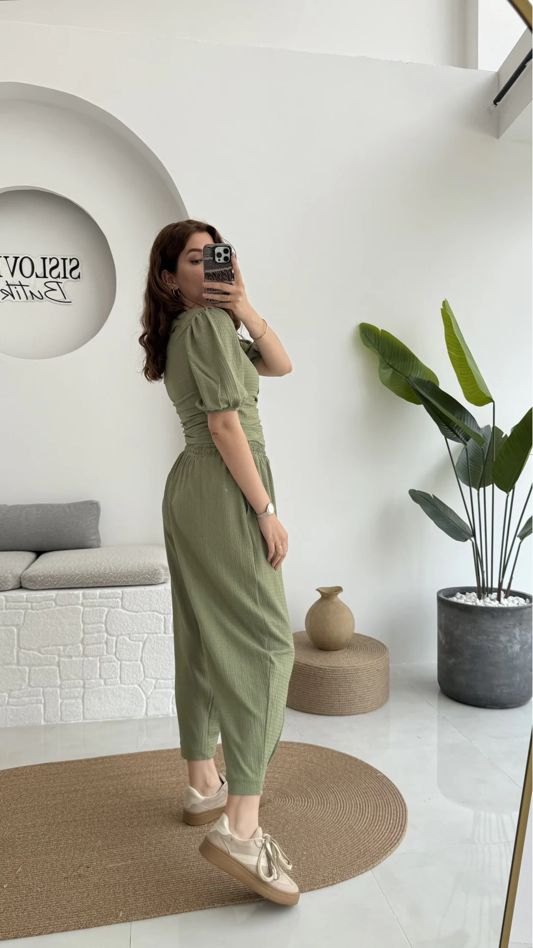 Bürümcük Kumaş Bağlamalı Üst Şalvar Takım - Çağla Yeşili - 1018 - 4022