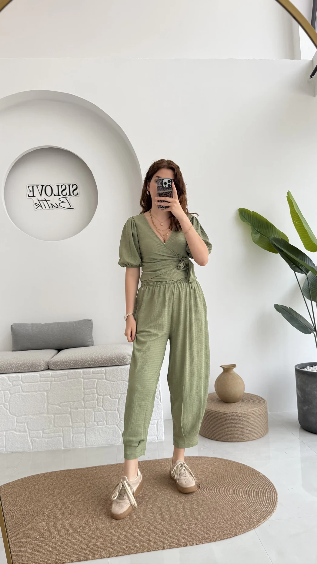 Bürümcük Kumaş Bağlamalı Üst Şalvar Takım - Çağla Yeşili - 1018 - 4022