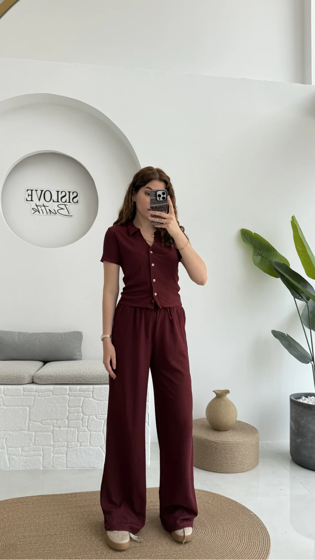 Bürümcük Kumaş Kısa Gömlek Pantolon Takım Bordo - 2096 - 4023