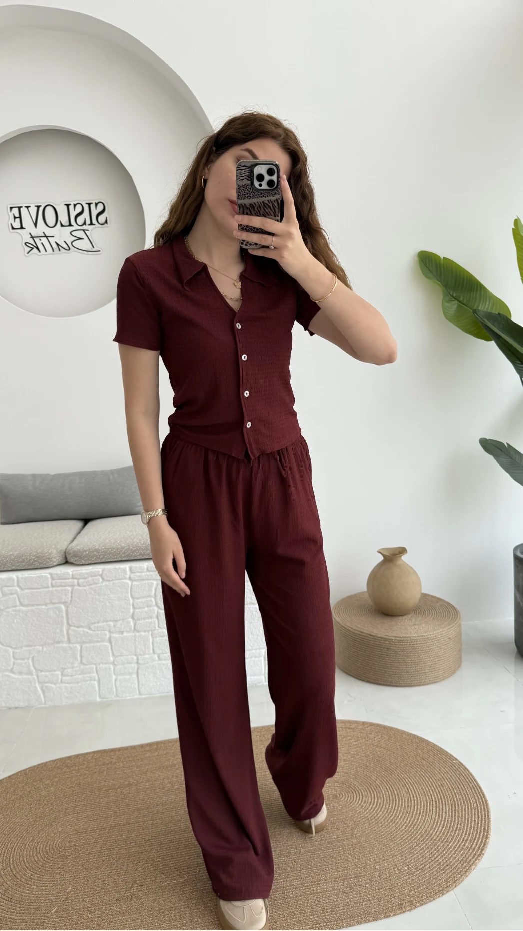 Bürümcük Kumaş Kısa Gömlek Pantolon Takım Bordo - 2096 - 4023