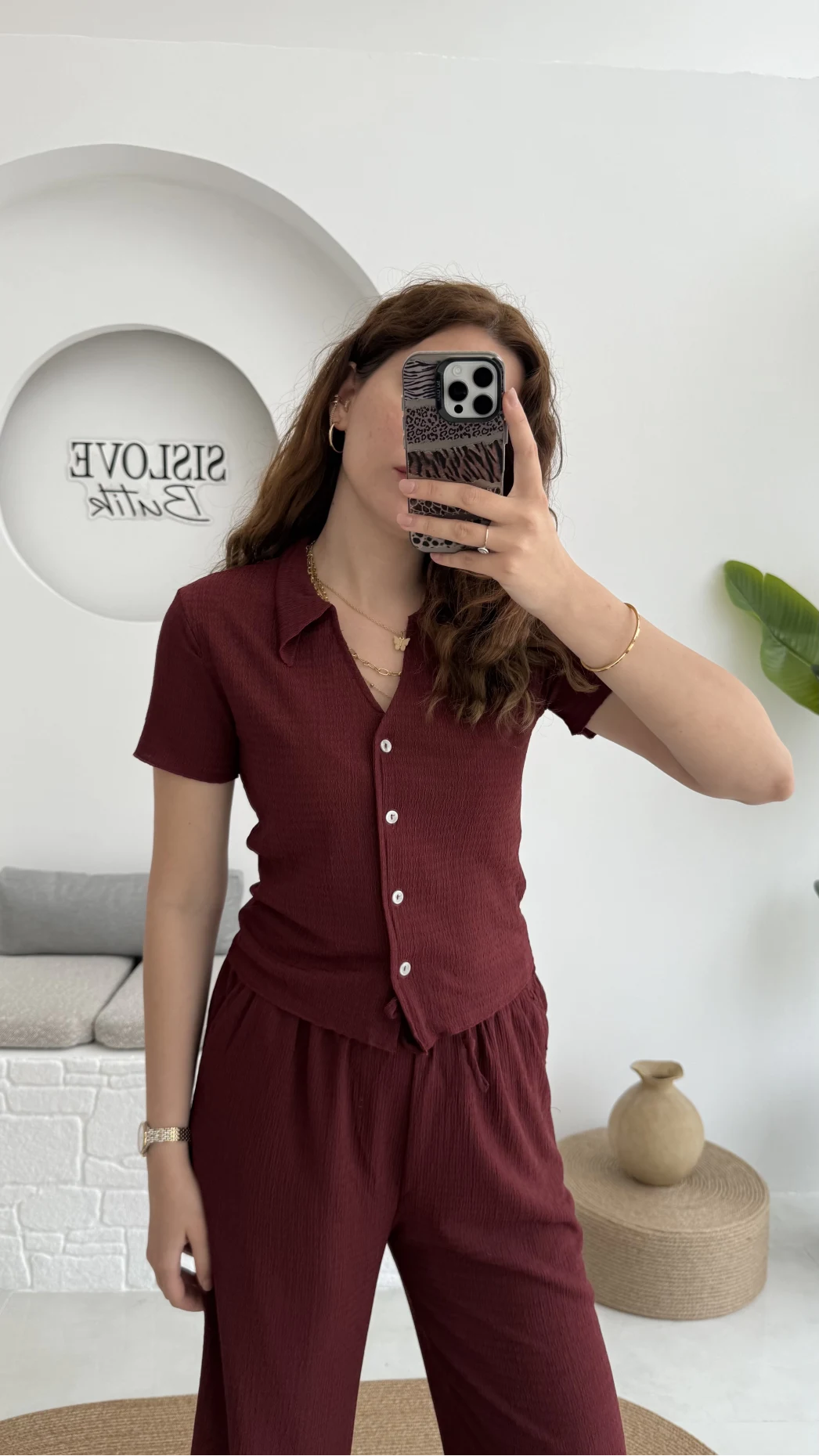 Bürümcük Kumaş Kısa Gömlek Pantolon Takım Bordo - 2096 - 4023