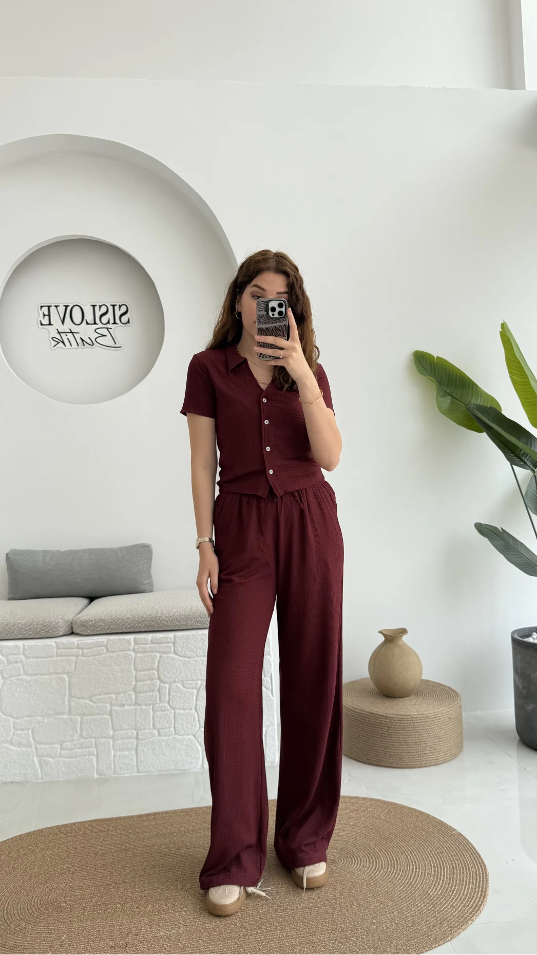 Bürümcük Kumaş Kısa Gömlek Pantolon Takım Bordo - 2096 - 4023