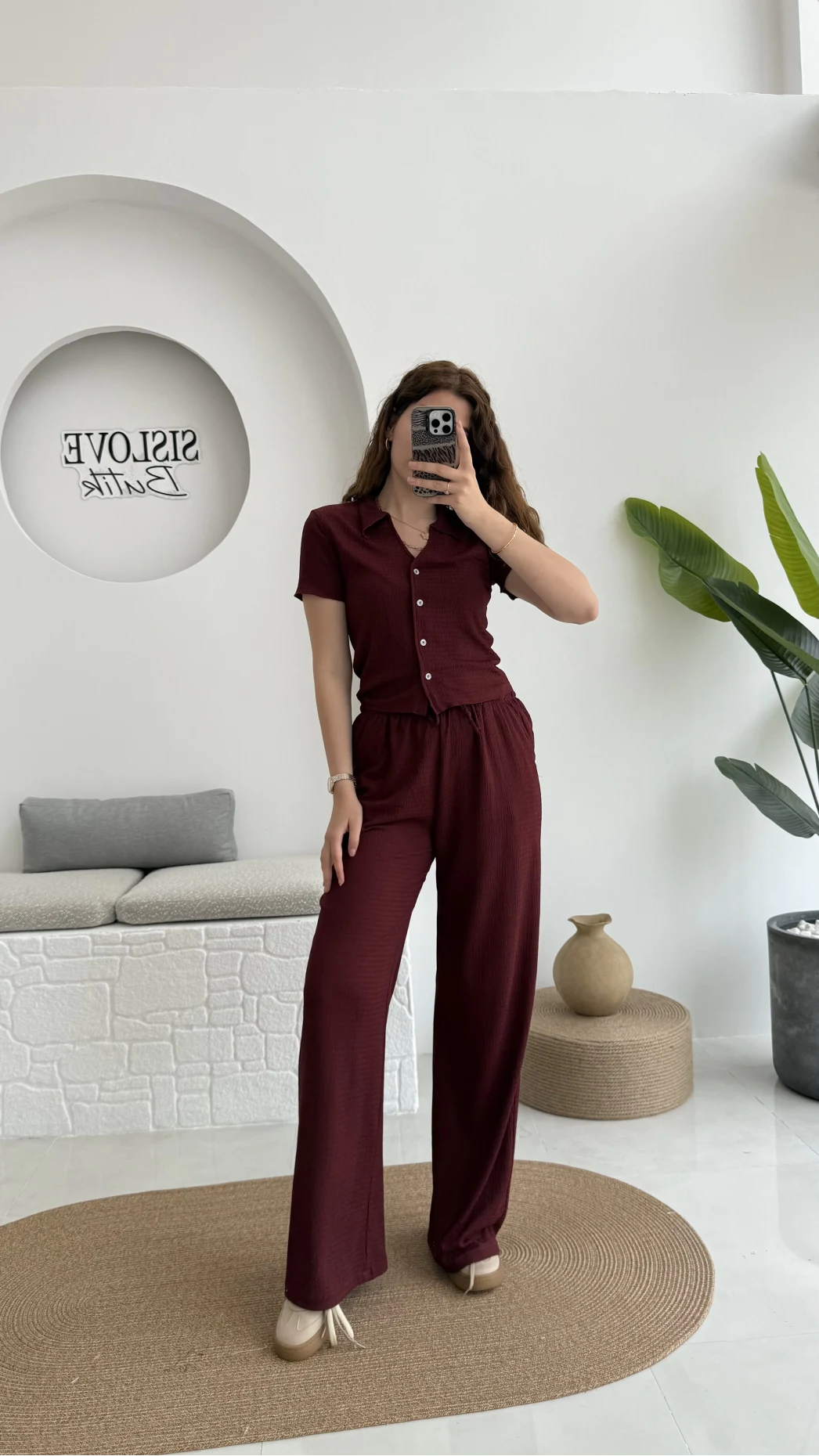Bürümcük Kumaş Kısa Gömlek Pantolon Takım Bordo - 2096 - 4023
