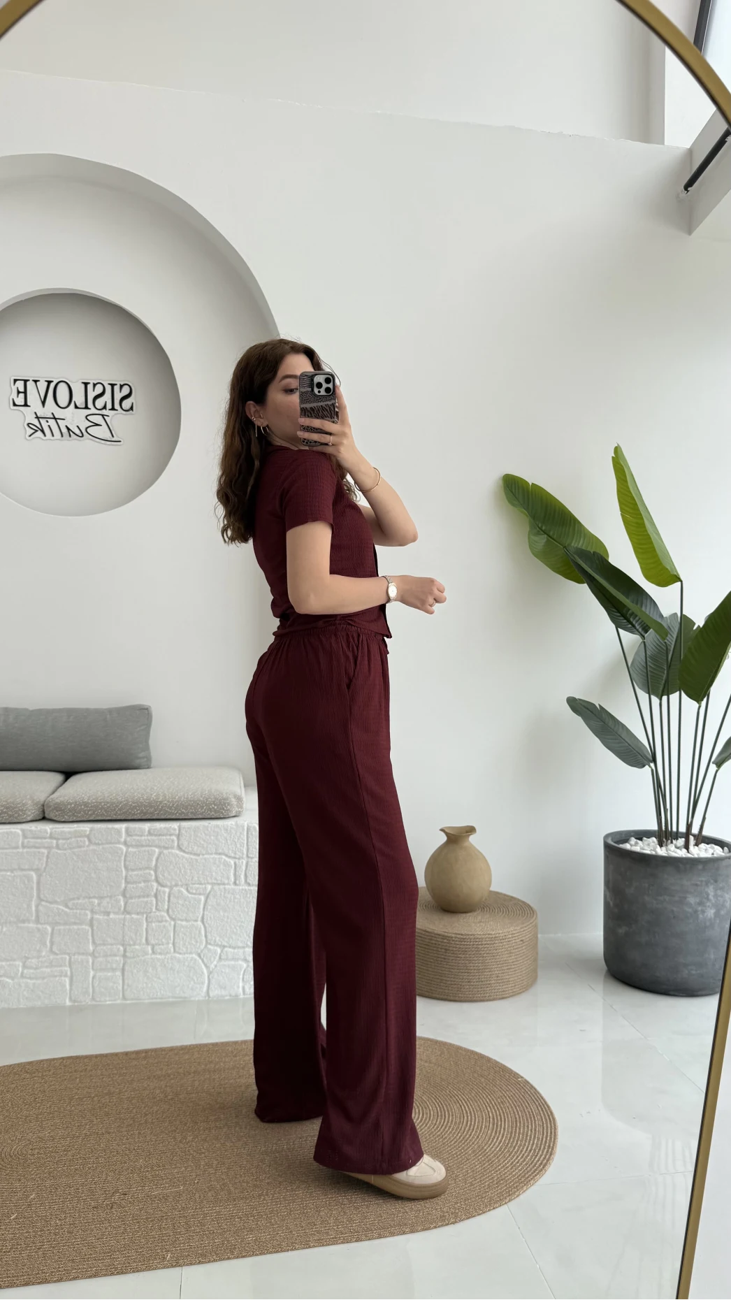 Bürümcük Kumaş Kısa Gömlek Pantolon Takım Bordo - 2096 - 4023