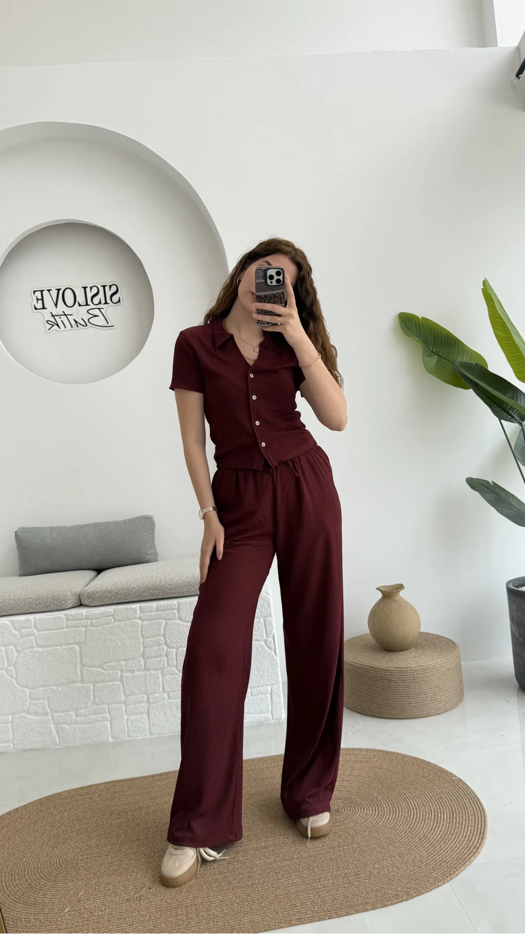 Bürümcük Kumaş Kısa Gömlek Pantolon Takım Bordo - 2096 - 4023