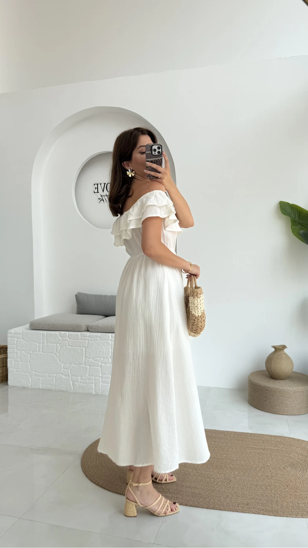 Butterfly Fırfır Detay Müslin Elbise - Beyaz