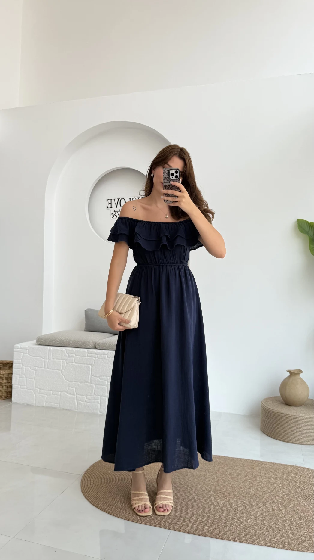 Butterfly Fırfır Detay Müslin Elbise - Lacivert