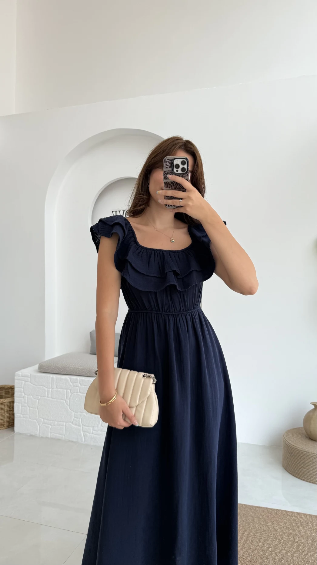 Butterfly Fırfır Detay Müslin Elbise - Lacivert