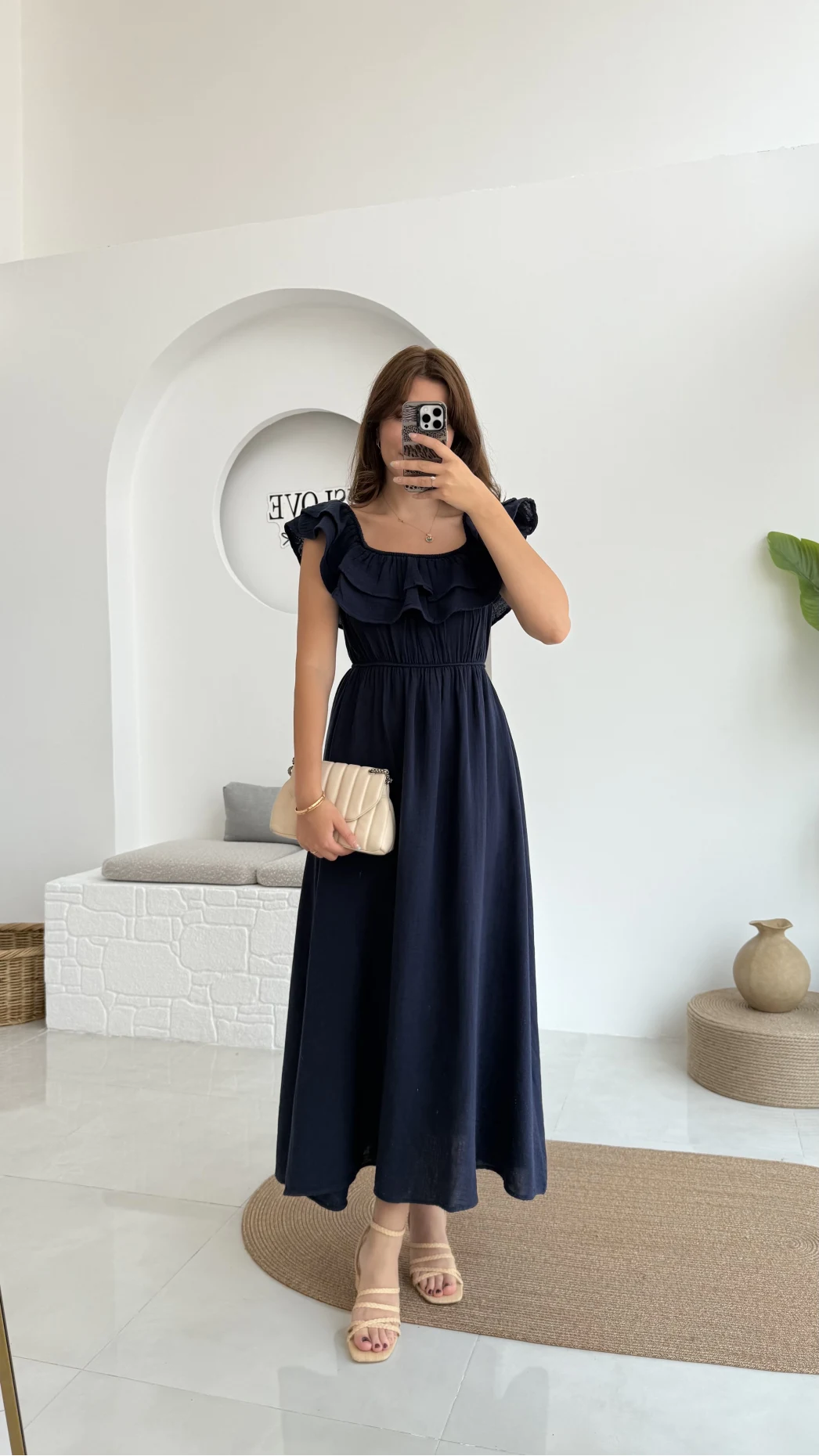 Butterfly Fırfır Detay Müslin Elbise - Lacivert