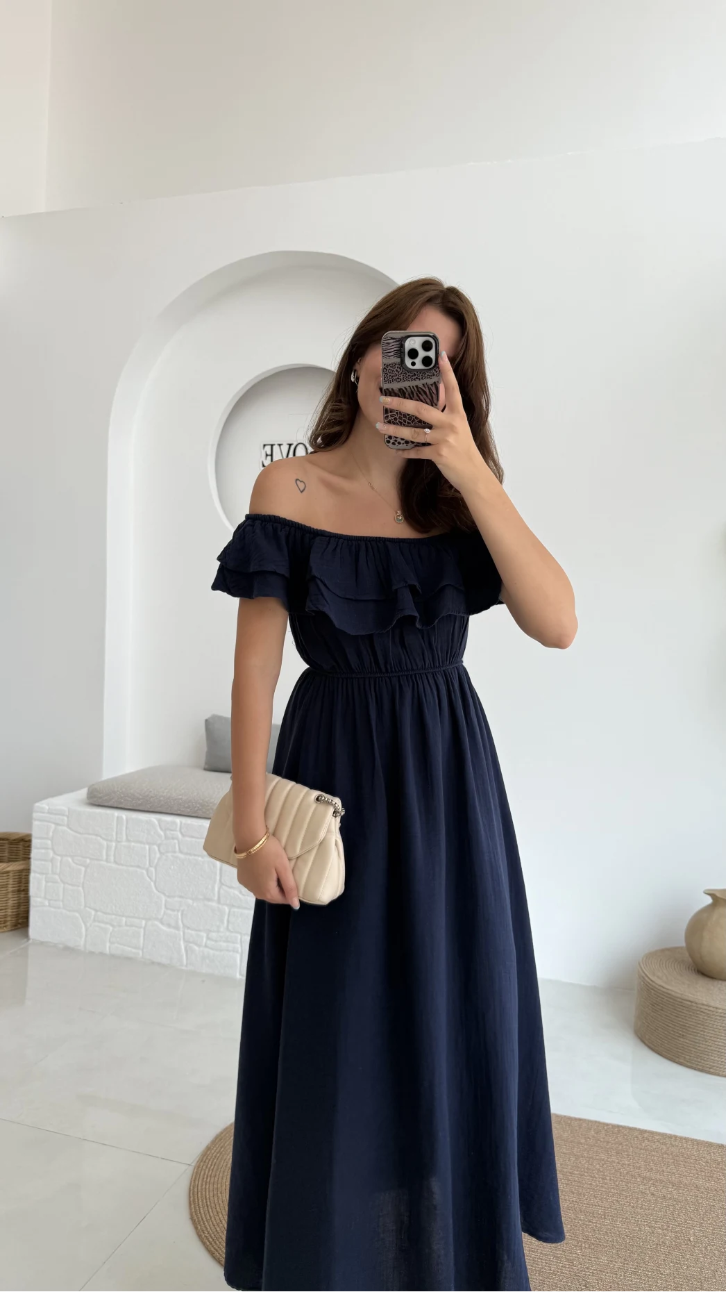 Butterfly Fırfır Detay Müslin Elbise - Lacivert