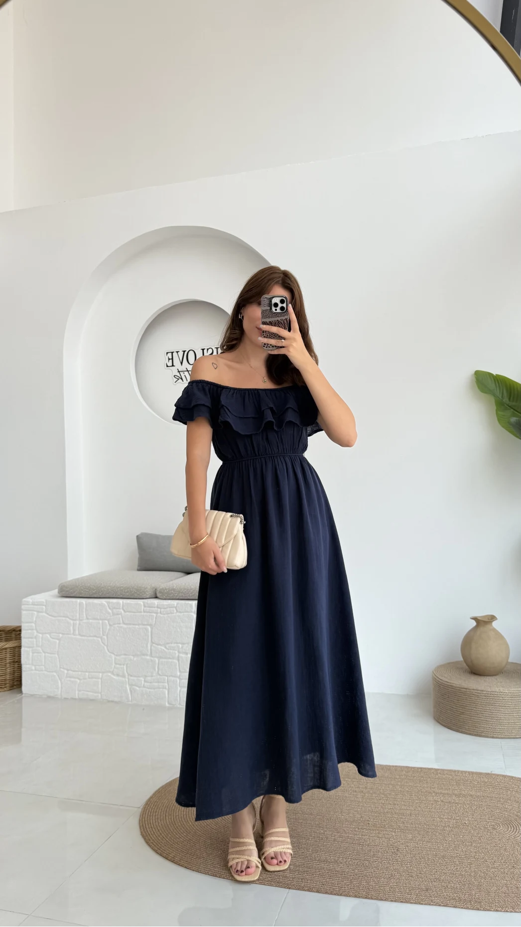 Butterfly Fırfır Detay Müslin Elbise - Lacivert