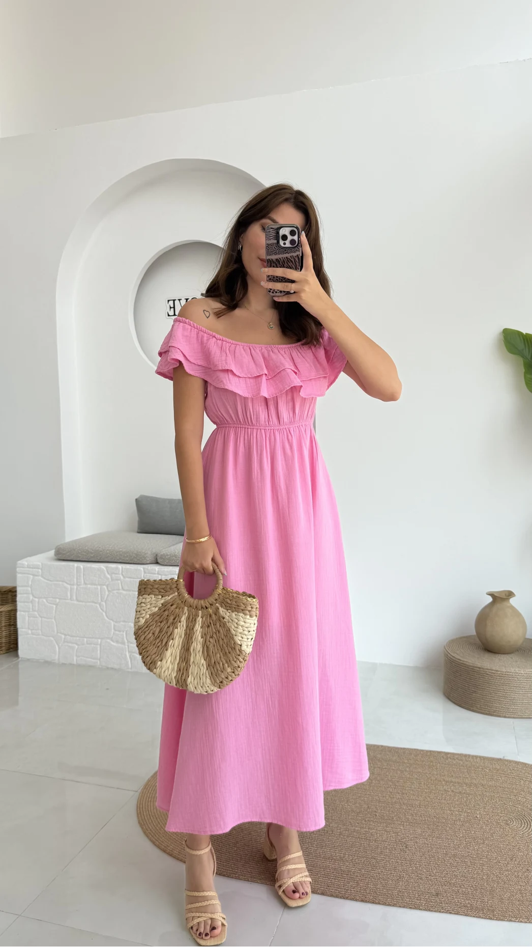 Butterfly Fırfır Detay Müslin Elbise - Pembe