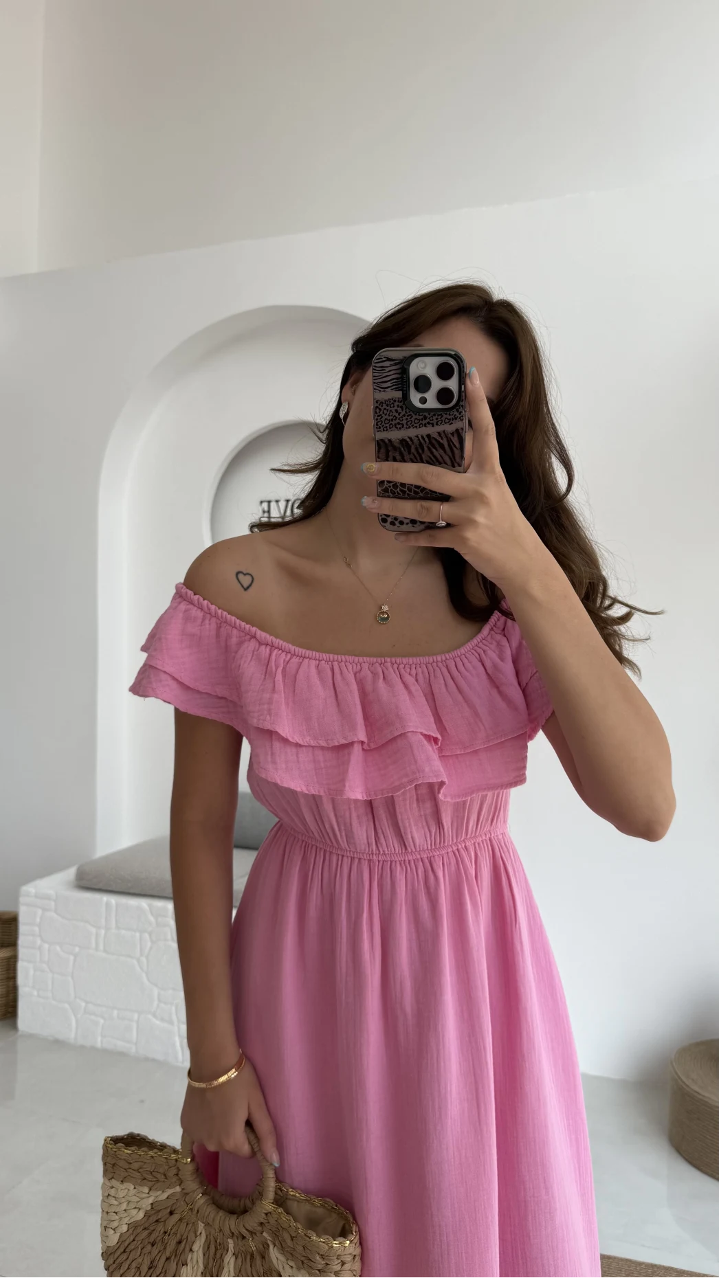 Butterfly Fırfır Detay Müslin Elbise - Pembe