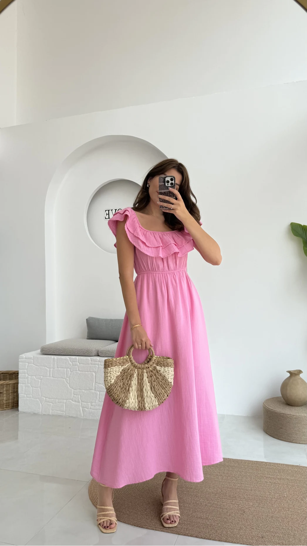 Butterfly Fırfır Detay Müslin Elbise - Pembe