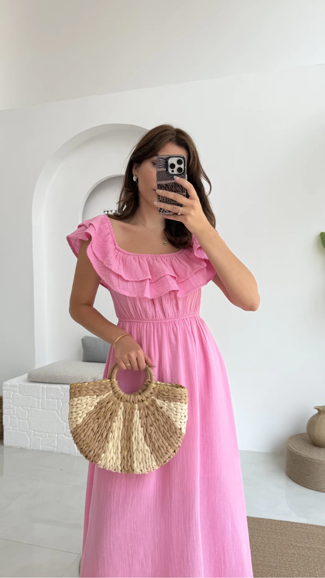 Butterfly Fırfır Detay Müslin Elbise - Pembe