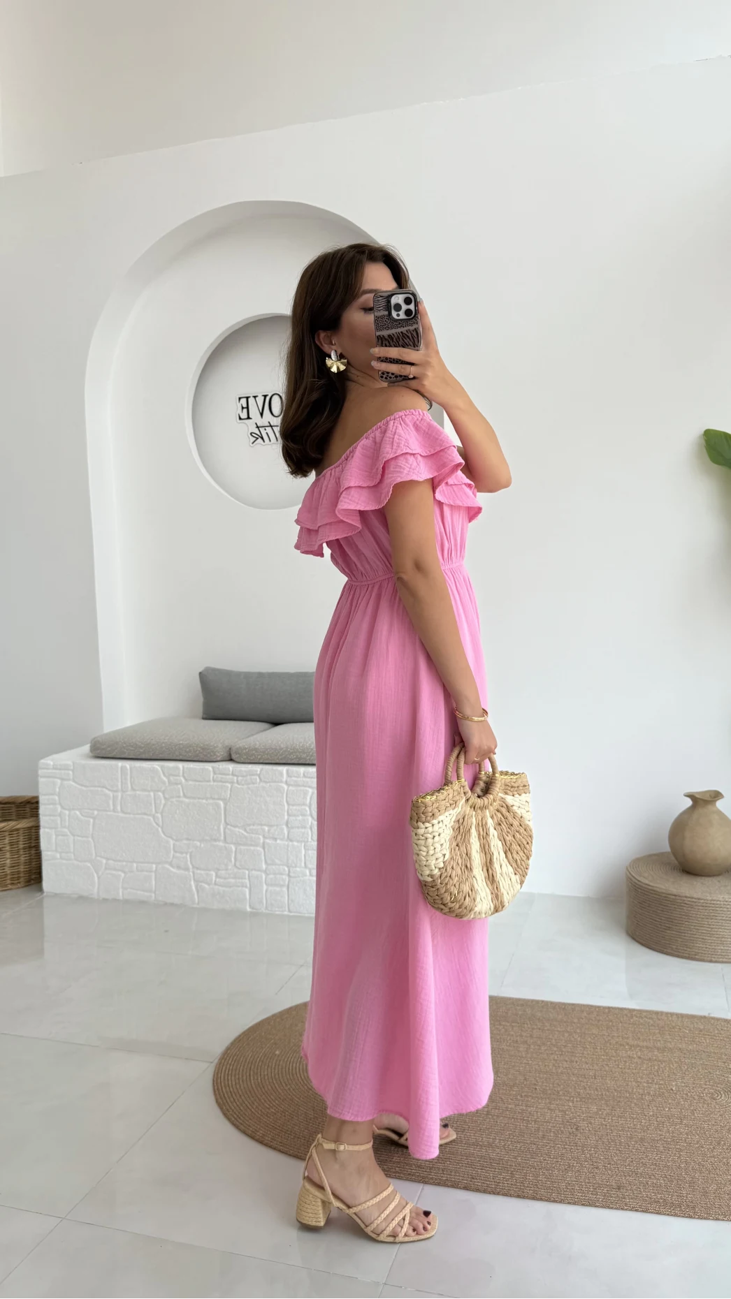 Butterfly Fırfır Detay Müslin Elbise - Pembe