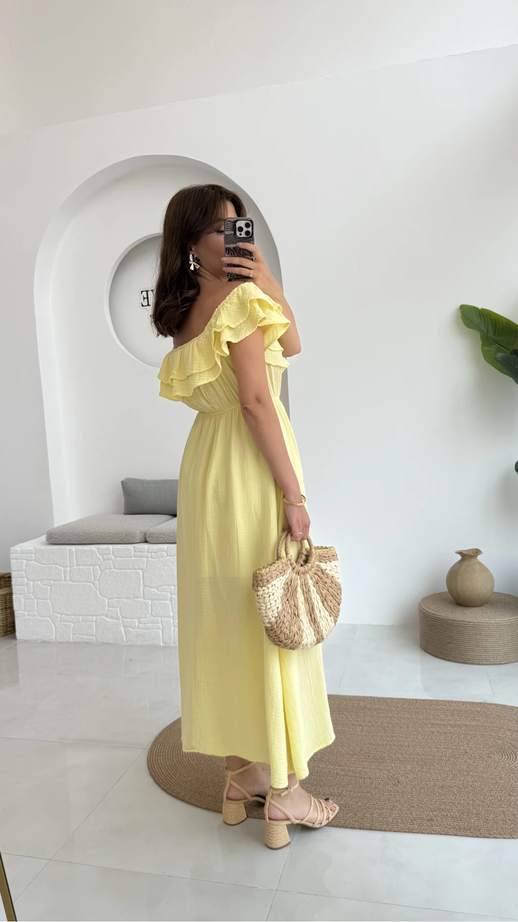 Butterfly Fırfır Detay Müslin Elbise - Sarı