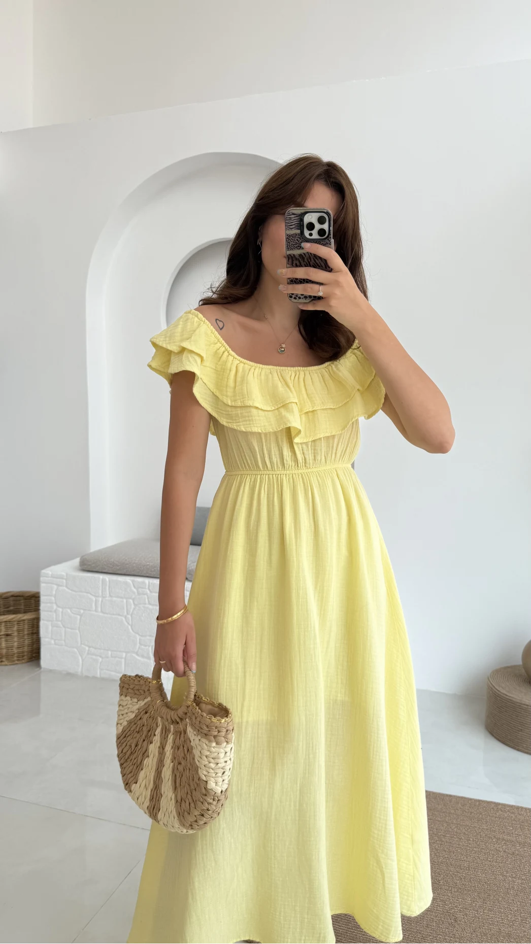 Butterfly Fırfır Detay Müslin Elbise - Sarı