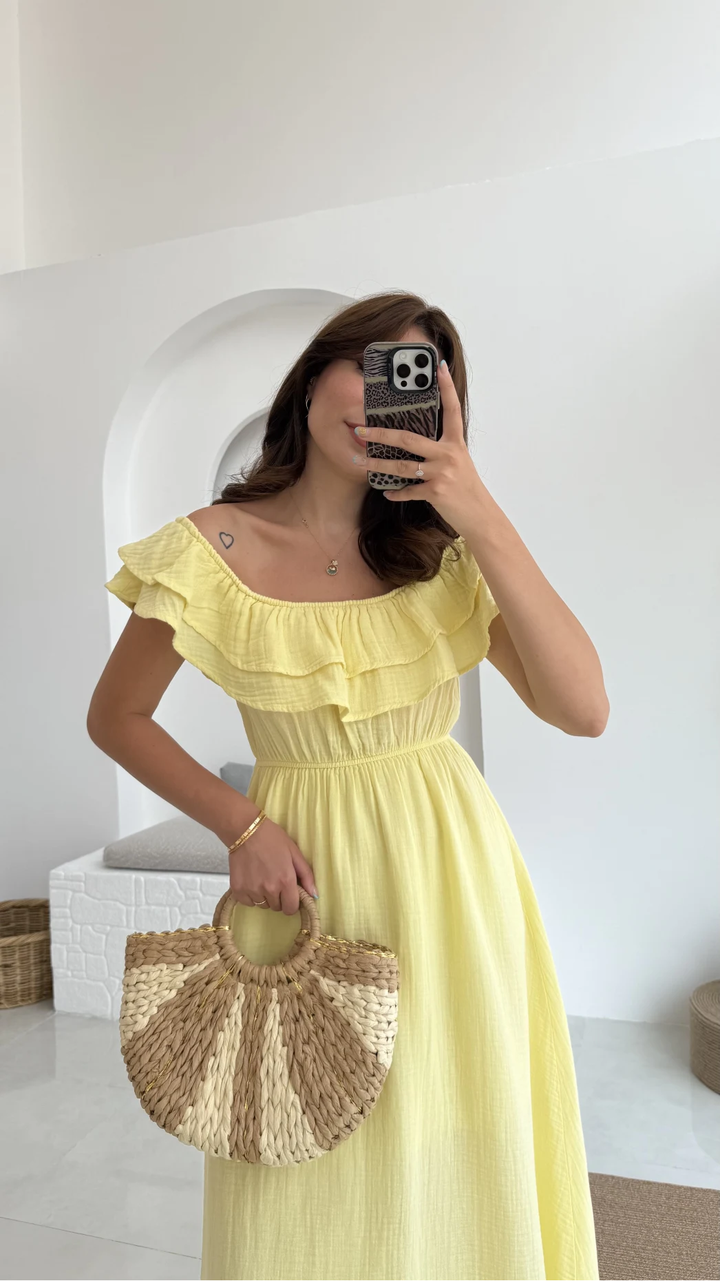 Butterfly Fırfır Detay Müslin Elbise - Sarı