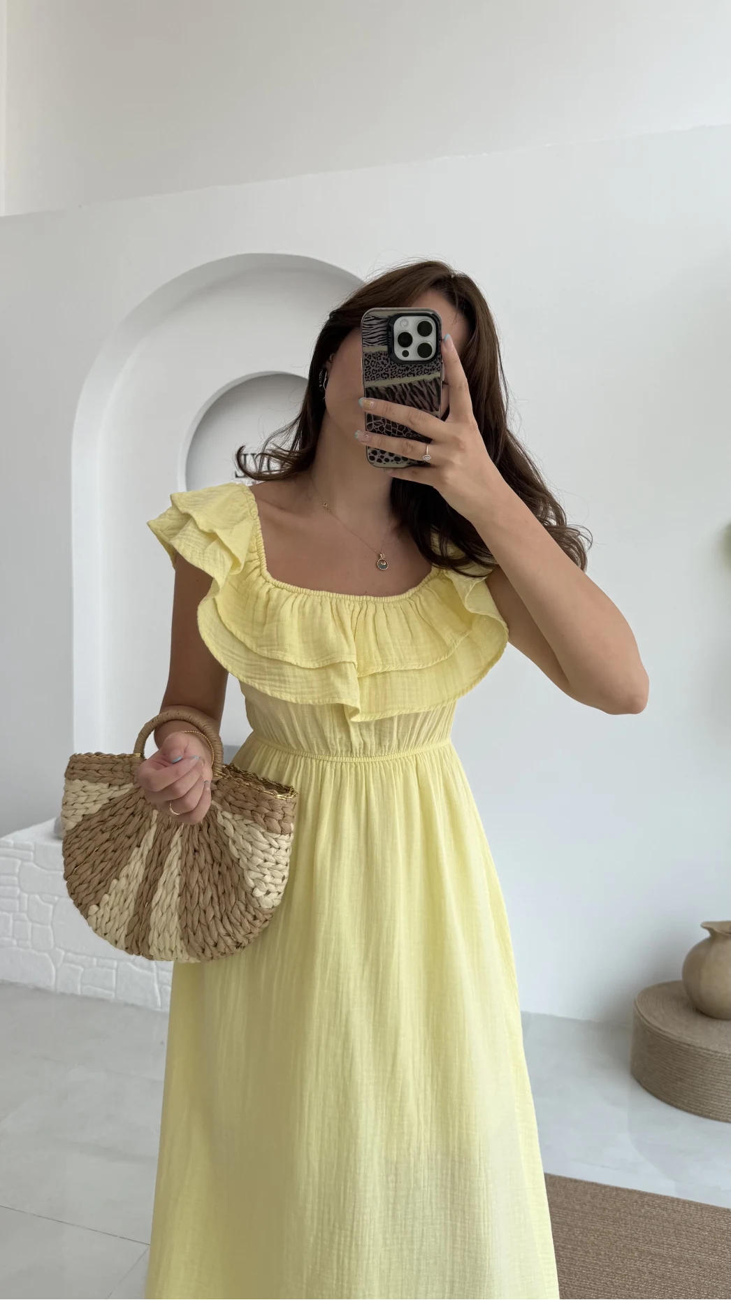 Butterfly Fırfır Detay Müslin Elbise - Sarı