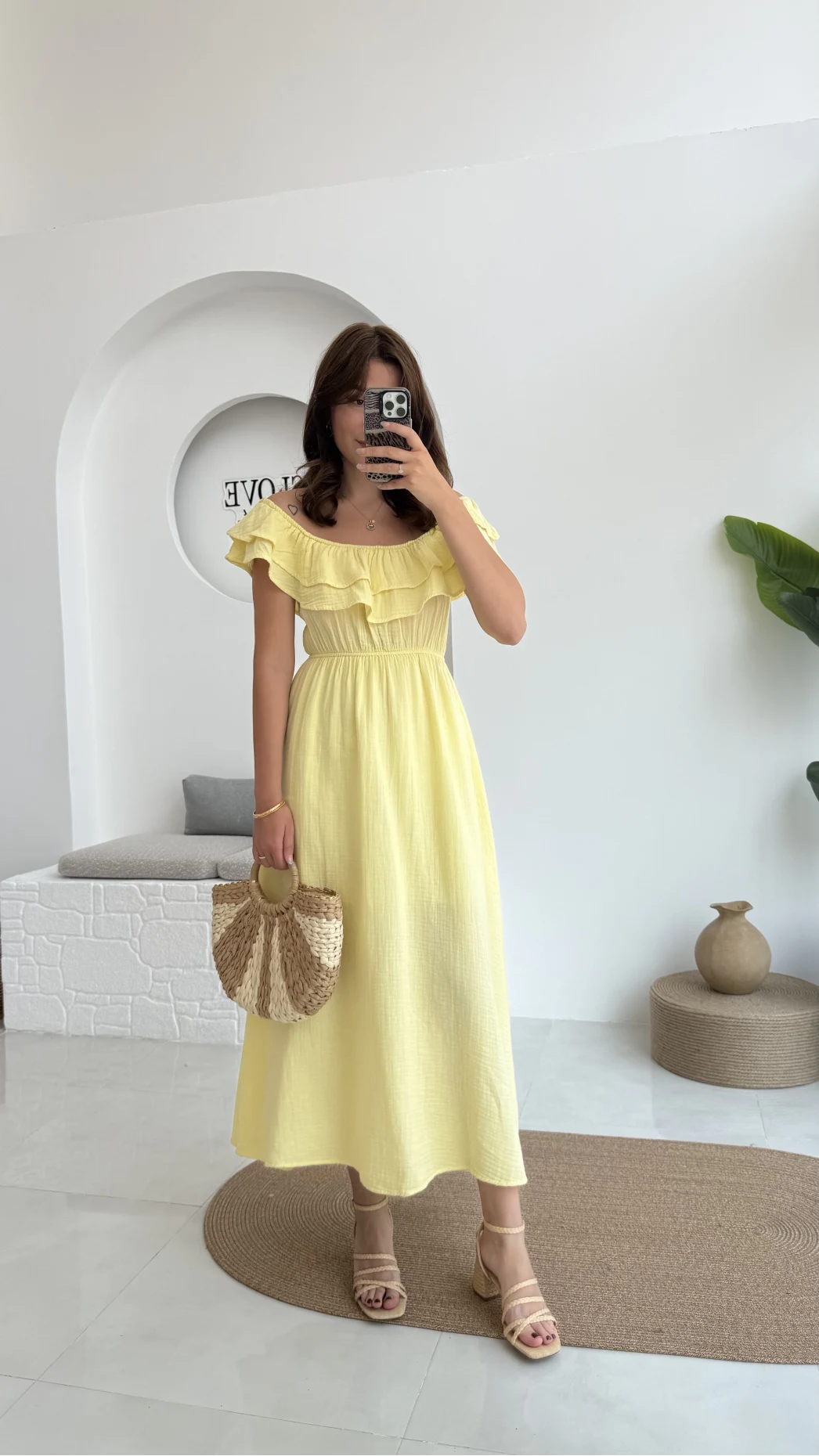 Butterfly Fırfır Detay Müslin Elbise - Sarı