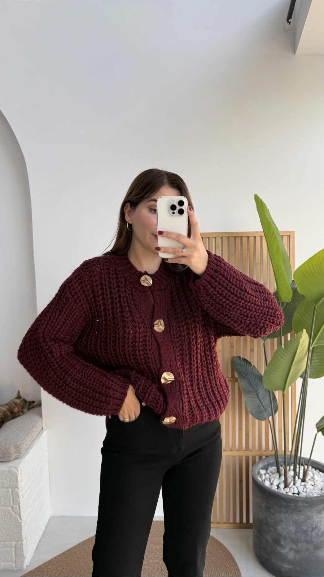 Büyük Düğmeli Örgü Hırka - Bordo