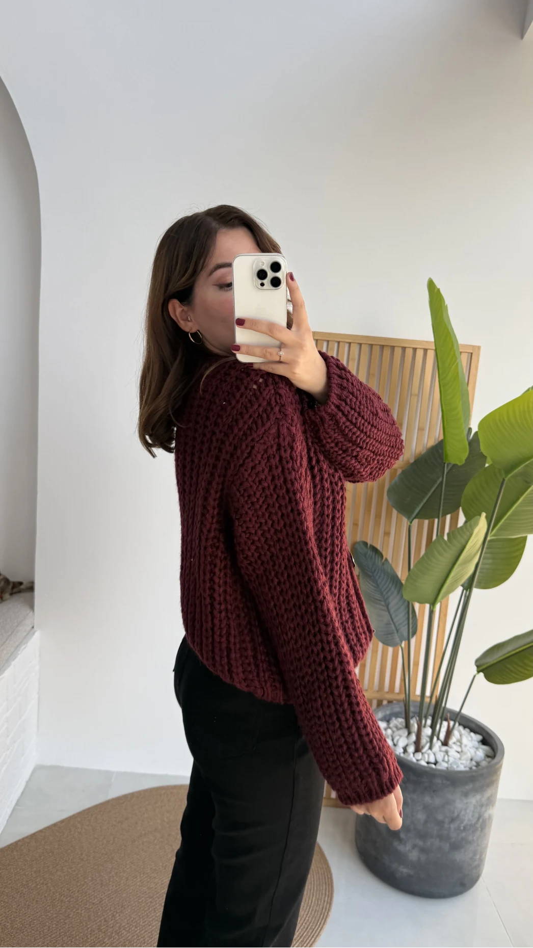 Büyük Düğmeli Örgü Hırka - Bordo