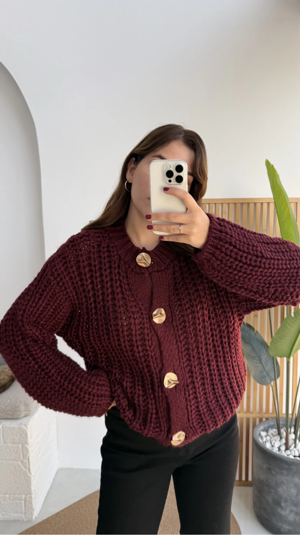 Büyük Düğmeli Örgü Hırka - Bordo