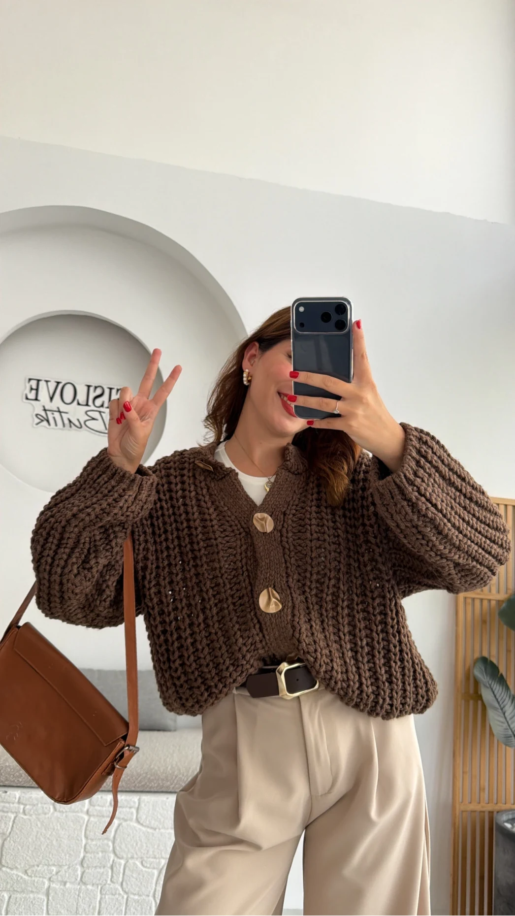 Büyük Düğmeli Örgü Hırka - Kahverengi