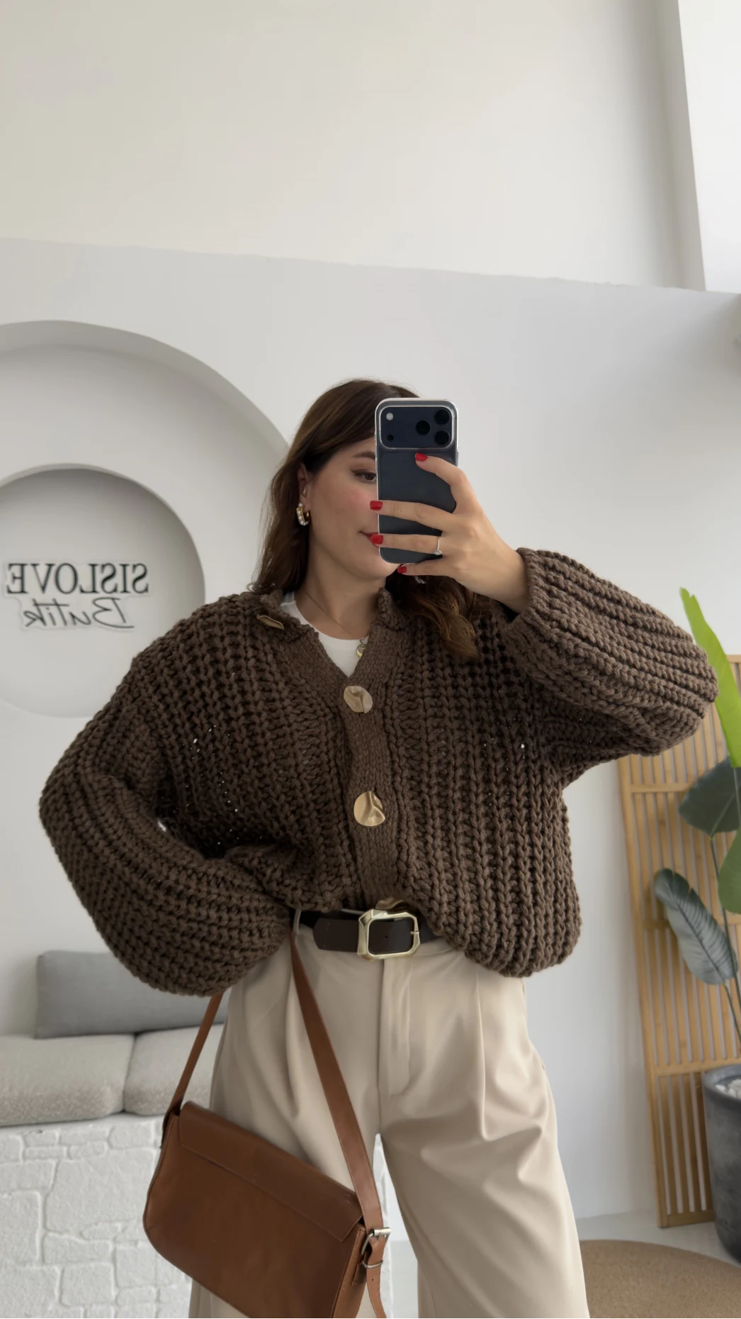 Büyük Düğmeli Örgü Hırka - Kahverengi